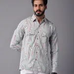 Men's Sanganeri Light Green Hunting Styled Floral Printed Shirt | Elegant Outdoor Wear